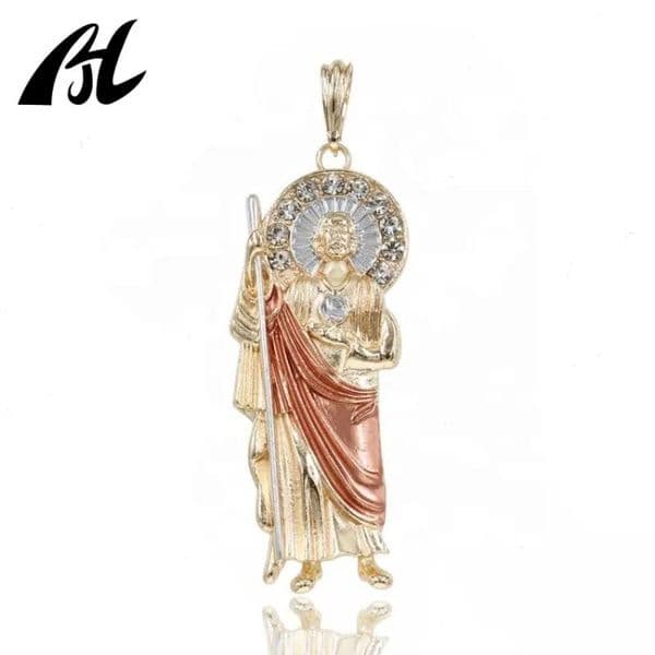 18K Gold Brass Metal Green Religious St. Judas Pendant Chapado En Oro Joyeria Joya