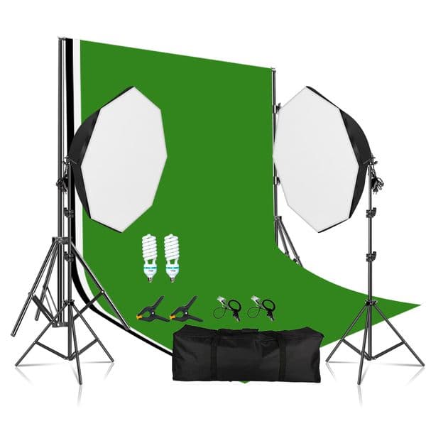 70CM Octagonal Softbox 135W Photo Studio Continuous Lighting Kit 2M Light Stand Black White Green Backdrops Support Frame