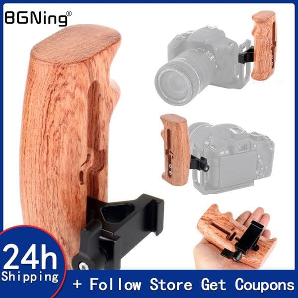Wooden Handle Grip Left Side Handle Cold Shoe Mount Holder for SLR Camera Cage Rig Quick Release Clamp L Plate Flash Light Stand