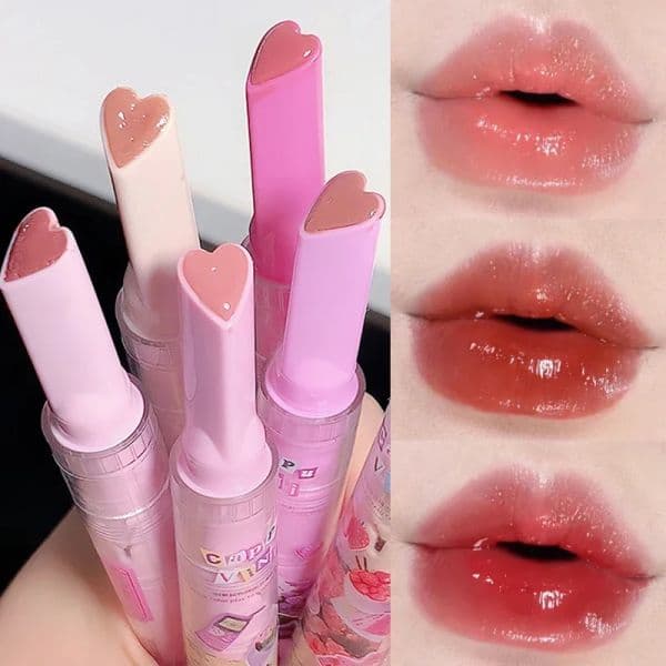 Love Heart Thin Tube Lipstick Waterproof Non-stick Cup Clear Water Light Mirror Lip Glaze Lasting Moisturising Lip Gloss Makeup
