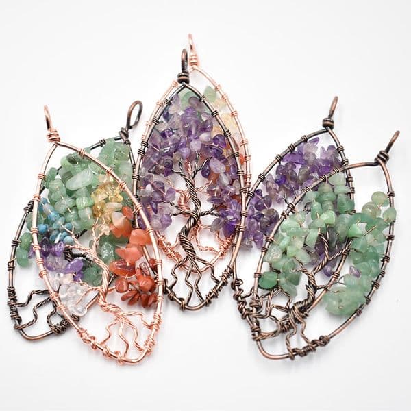 Wholesale 6pcs/lot natural stone amethysts horse eye-shaped life tree ancient copper wire wrapped pendant for jewelry marking