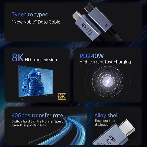 40Gbps Thunderbolt 4 USB4.0 Cable 1m Thunderbolt3 Type C Fast Charger Cable 240W Data Transfer USB C For Laptop Mobile Disk