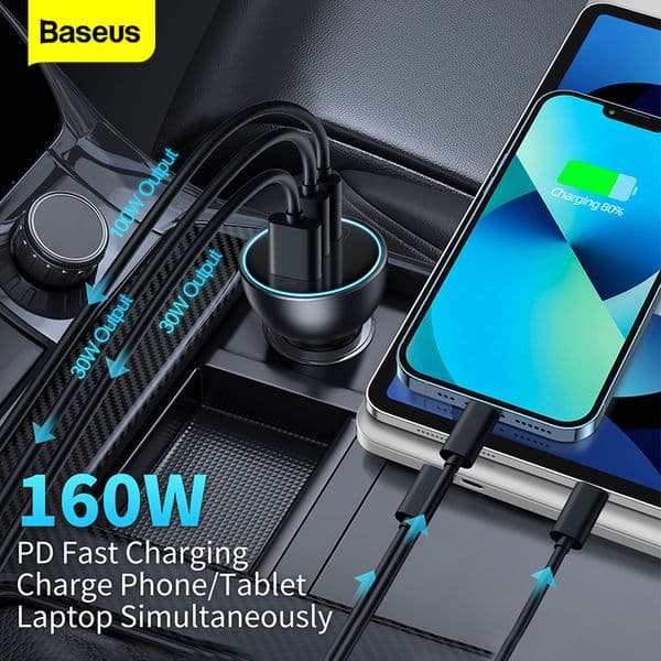 Baseus 160W Car Charger Quick Charge QC 5.0 4.0 3.0 PD Charger For Macbook iPad Pro Laptop USB Type C Charger For iPhone Xiaomi