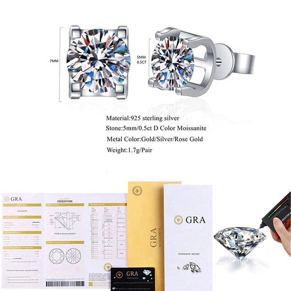 Lnngy Original 925 Sterling Silver Earrings For Women Certificate 5mm 0.5CT Moissanite Earring Vintage Anti-allergy Jewelry Gift