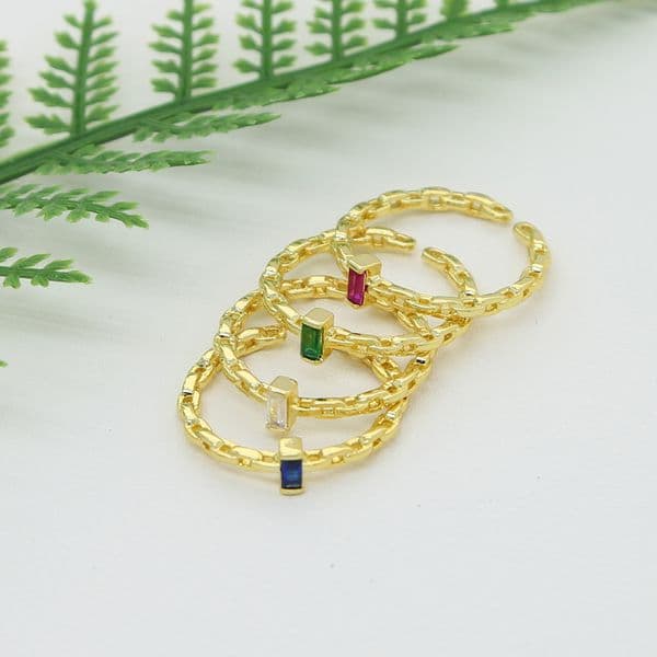 Single Stone Ring For Women Gold Color Cuban Link Chain Band With Colorful Rectangle CZ Simple Finger Jewelry