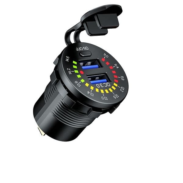 QC 3.0 Dual USB Car Charger 12V 24V Waterproof 18W USB Outlet Fast Charge with LED Voltmeter ON OFF Switch Power Cable for car
