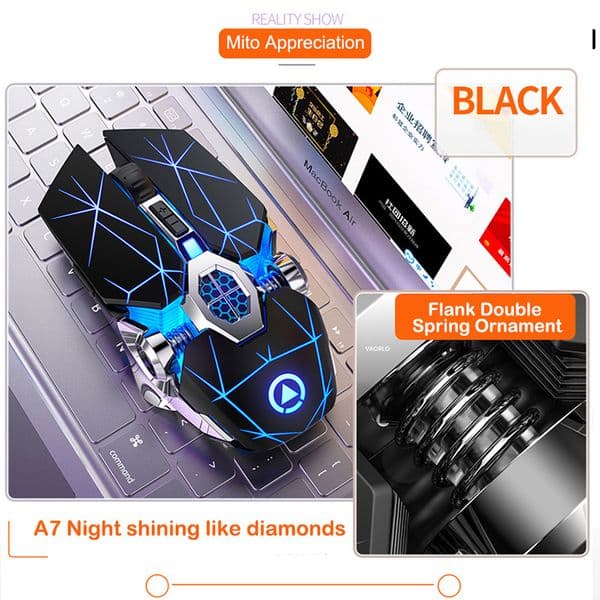VAORLO A7 Gaming Mouse Rechargeable Mute Wireless Office Mouse 2.4G USB 1600DPI Optical Ergonomic Mouse is for PC Laptop Gamers