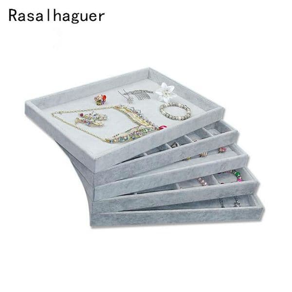 New Arrival Ice Grey Velvet Jewelry Tray Jewelllery Storage Box Watch Holder Necklace Ring Earrings Pendant Display Organizer