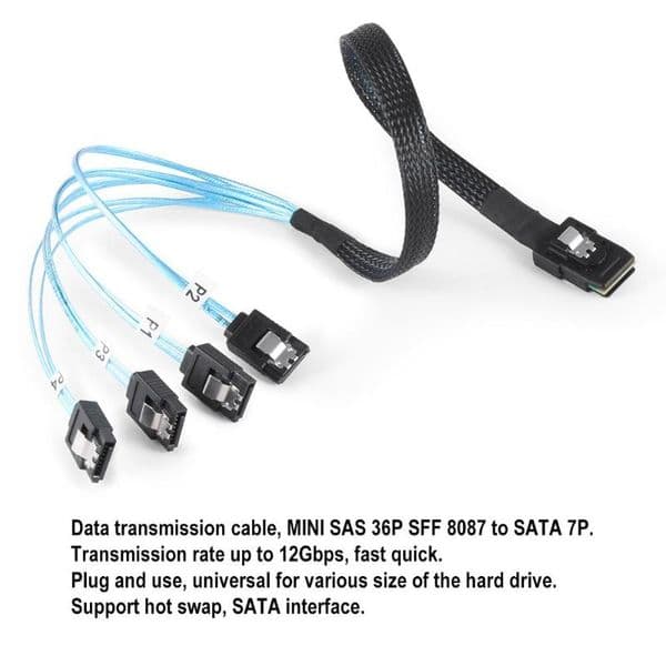 Sas Sata Cable Mini-SAS SFF-8087 to 4 SATA Cable Mini SAS 4i SFF8087 36P To 4 SATA 7P Cable 12Gbps 50cm Hard Drive Data