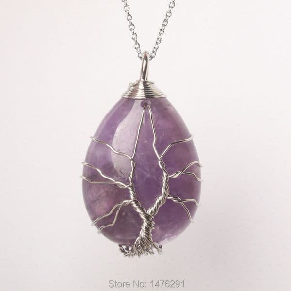 37x25MM Mix-Crystal Stone Aventurine Opal Amethysts Quarz Tiger eye Water Drop Handmade Wire Winding Life Tree Pendant 1PCS