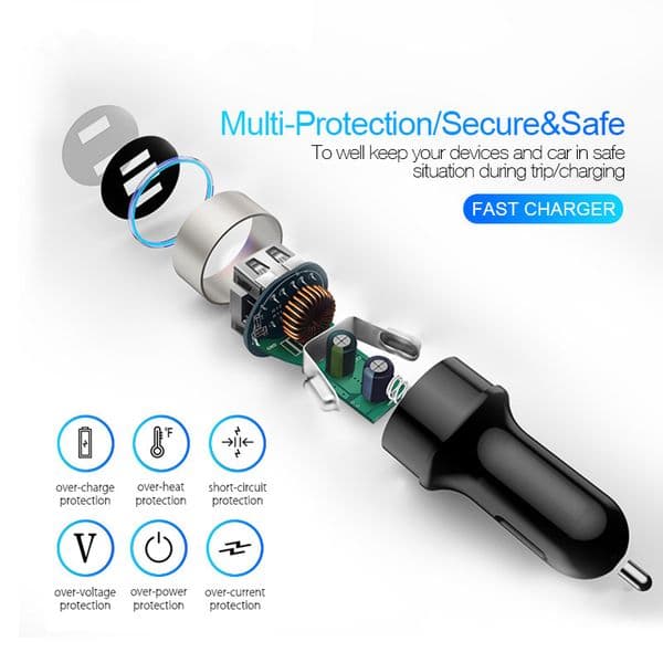 USB Car Charger For iPhone 11 12 Samsung S10 Xiaomi Tablet 2 Ports Fast Charging 3.1A 12-24V Universal Car Phone Charger in Car