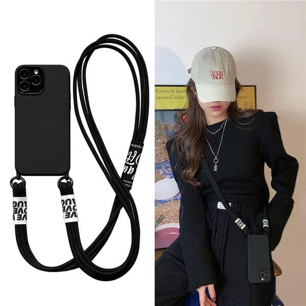 Crossbody Lanyard Necklace Liquid Silicone Soft Case For iPhone 15 14 11 12 13 Pro Max Mini XS XR X 6 8 7 Plus Solid Color Cover