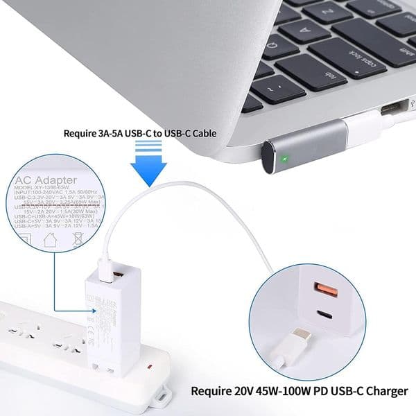 USB-C PD 100W to Magnetic 2 T-tip Fast Charging Adapter Converter Compatible with 2013-2015 Macbook Air/Pro Laptop Power Connect