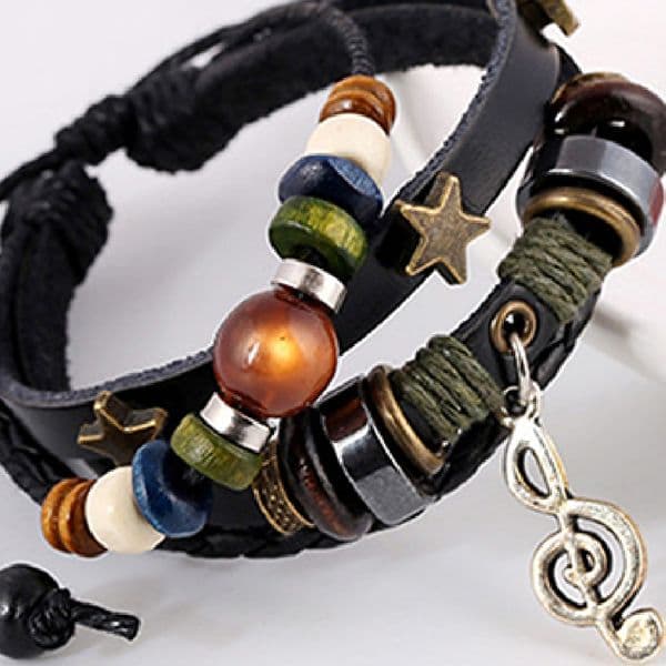 Unisex Music Beads Handmade Knitted Leather Adjustable Bangle Wristband Bracelet ASFJ