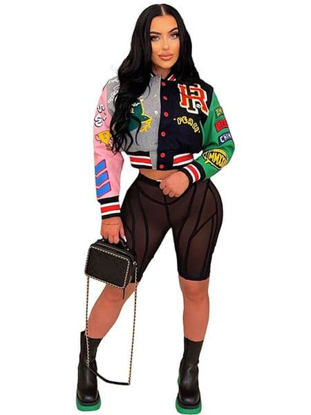 2023 Racing Color Contrast Bomber Coat Women Printed Thread Letter Baseball Jacket Spring Single Breasted Cropped Y2K Streetwear F6.26#50
