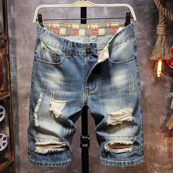 Men's Shorts new Male holed denim midpants with straight tube cloth large size Capris man shorts fashion