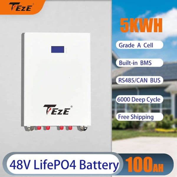TEZE 48/51V 100AH Powerwall LiFePO4 5KWH Wall Mounted Pack Built-in BMS CAN/RS485 Energy Storage Battery 6000+Cycles PC Monitor