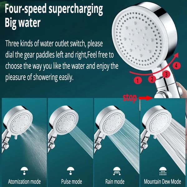 Pressurized Bathroom Shower Head with Stop Button, Large Water Output, Adjustable Water Heater, 5-Speed, Household