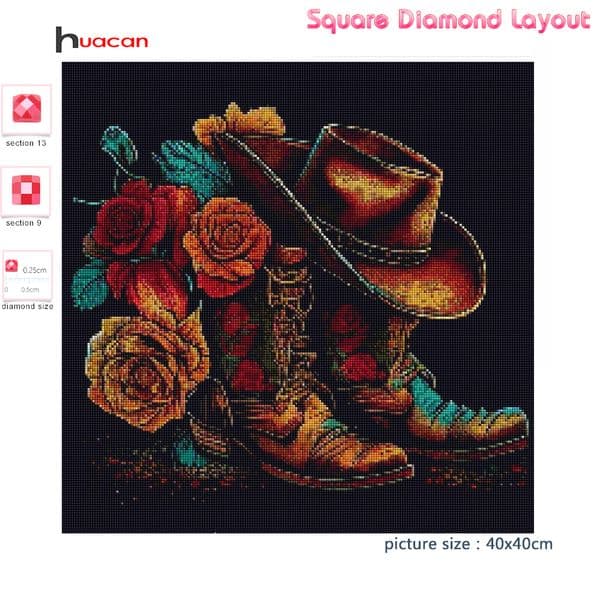 Huacan Diamond Painting Kit Cowboy Hat Boots Home Decor Full Square Round Embroidery Mosaic Rose Landscape Wall Art