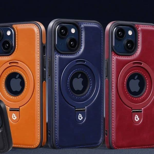 Ring Holder Kickstand For MagSafe Magnetic Phone Case For iPhone 15 14 Plus 13 Pro Max Shockproof Logo Hollow PU Leather Cover