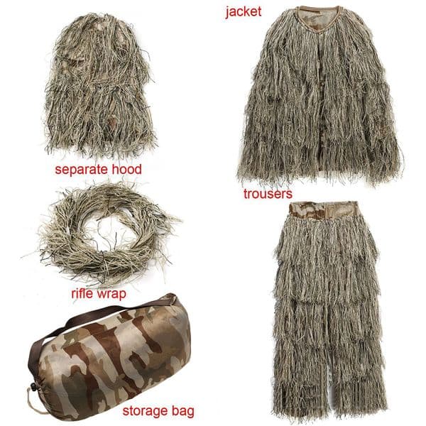 5 in 1 Ghillie Suit 3D Camouflage Hunting Apparel Including Jacket+ Pants+ Hood+Carry Bag Camo Hunting Clothes for Men, Hunters