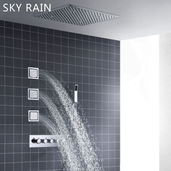 16/20 Inch 400/500mm Square LED Rainfall Mist Shower Head Set Constant Temperature Valve Mixer Diverter 4 Inch SPA Lateral Jets