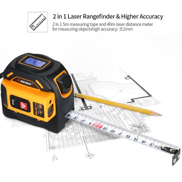 SNDWAY Digital Laser Distance Meter Rangefinder Handheld Infrared Range Finder 2 in 1 5m Measuring Tape 60m Laser Ruler measure