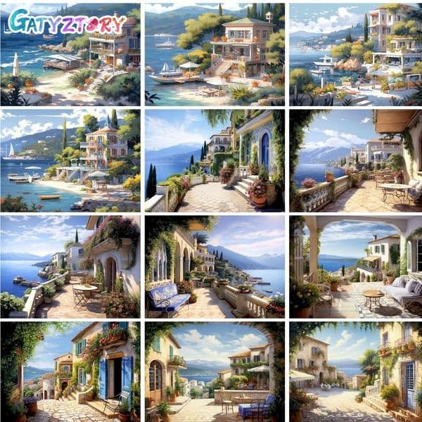 GATYZTORY Framed Paints By Numbers For Adults Kids Diy Gift Seaside Town Scenery Painting Kits For Home Living Room Art Picture