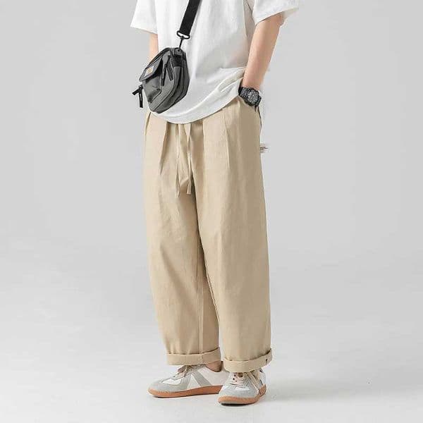 Tag Embellished Loose Fit Straight-leg Cotton Casual Pants for Men Spring/Summer Outdoor Pleated Workwear Long Trousers S260408