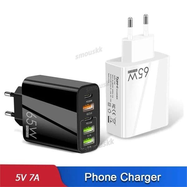 65w Phone Charger 5in1 Type-C Usb Pd20w Ports Charger Fast Charging Power Bank For Mobile Phones Laptops Tablets Us/Eu/Uk Plug