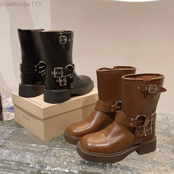 Boots 2024 new Boots British style Martin boots for women brown Western cowboy boots with belt buckle thick soled short boots