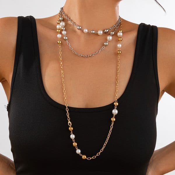 Elegant round bead long necklace for women, simple layered imitation pearl chain wrapped accessories