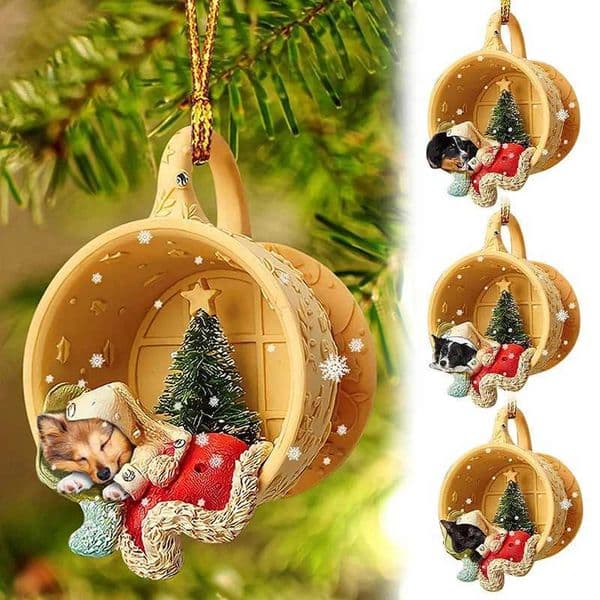 Christmas tree decoration 2D acrylic cute sleeping dog hanging pendant in cup family Christmas and New Year celebration party supplies W241008