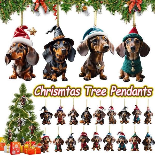 Christmas cartoon sausage dog decoration acrylic dog pattern decoration fun little dog pendant Christmas tree backpack car interior W241008