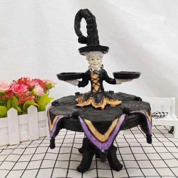 Halloween Witch Tabletop Server with Harlequin Tablecloth Cupcake Display Stand Home Decoration Resin Statue Tray Funny Party