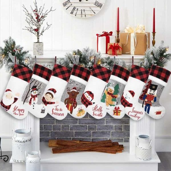 Leece fabric white canvas cute pattern set of 8 Christmas stockings used for home decoration hanging decoration Christmas stockings W241008