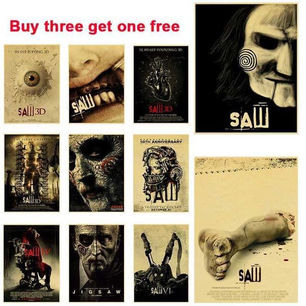 Buy three and get four horror movie Saw posters retro kraft paper posters taverns cafes living rooms research bedrooms decoration W241010