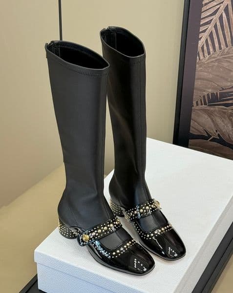 2024 Master's latest design for women's thigh-high boots True leather upper leather sole with stud trim back zipper low heel sizes 35-41