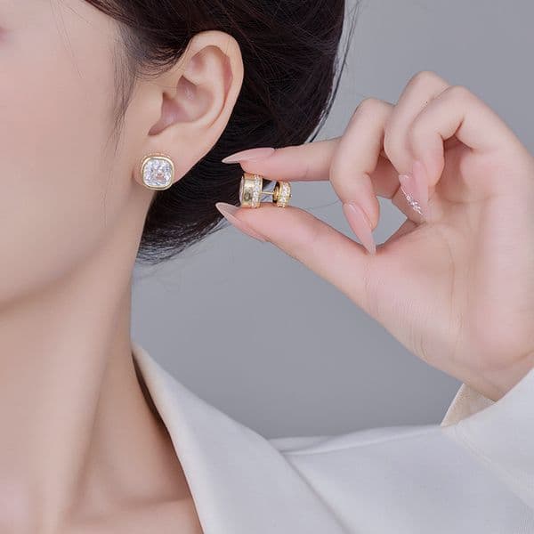 square zircon women, fashionable versatile commuting, with light and capable earrings for two outfits