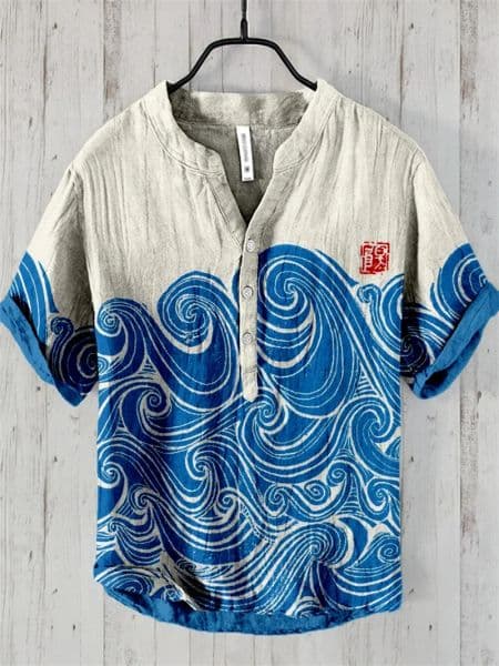 Fashion men's retro Amazon cross-border men's tops fresh wind vacation short-sleeved shirt loose street hip-hop beach 100%