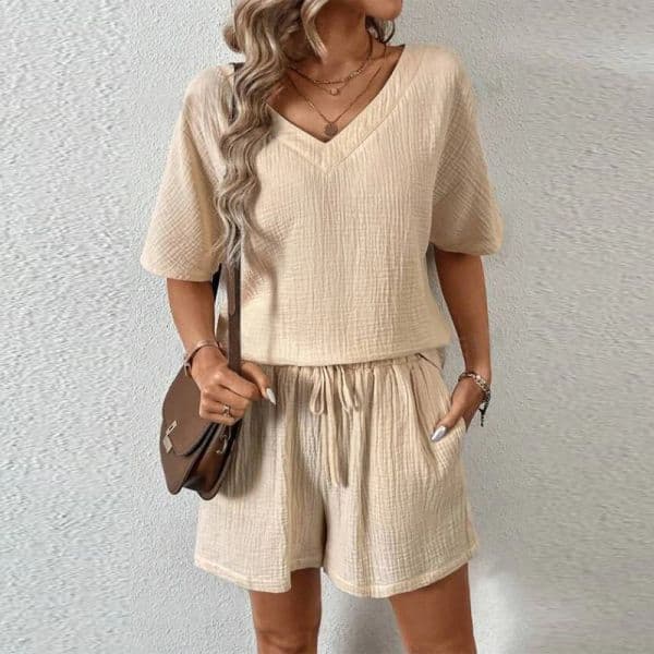 Muslin 100% Cotton Elegant Women's Sets Sexy V-neck Short Sleeve Tees + Wide Leg Shorts Set for Women 2 Pieces Casual