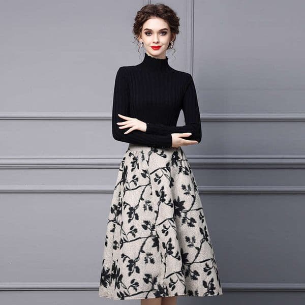 Mushroom Edge Stand Up Collar Dress Autumn Women 2024 New Style with Coat Inner Long Sleeve Knitted A-line Skirt Loose Bifurcated SKINNY DRESS