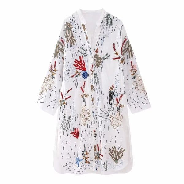 TELLHONEY Women Fashion V-Neck Single Breasted Long Embroided Blouse Female Casual Side Slit Loose