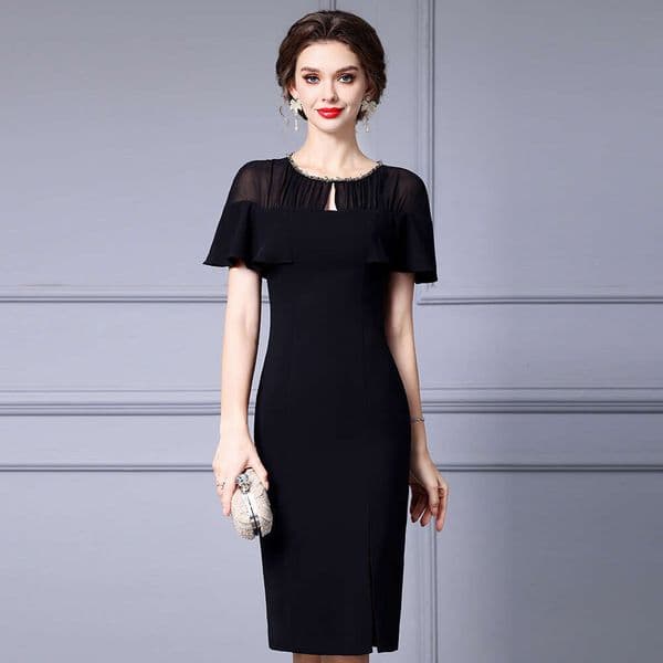 Smart Intellectual Elegant Hip Hugging Skirt Handmade Nail Bead Splicing Black Formal Occasion Dress Summer 2024 New Item Short Loose Round Neck Dress