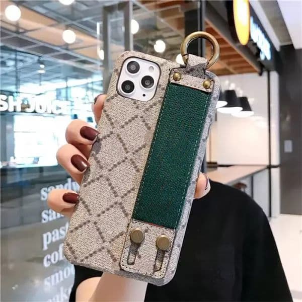 Wristband Designer Phone Case for Apple iPhone 17 16 15 Samsung Galaxy S25 S24 S23 Note 20 Ultra Luxury PU Leather Floral Print Wrist Strap Back Cover Coque Fundas Gray