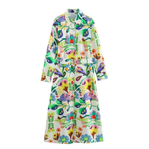 Kar&Otza 2024 Summer New Women's Polo Collar Long sleeved Flower Printed Poplin Belt Shirt Style
