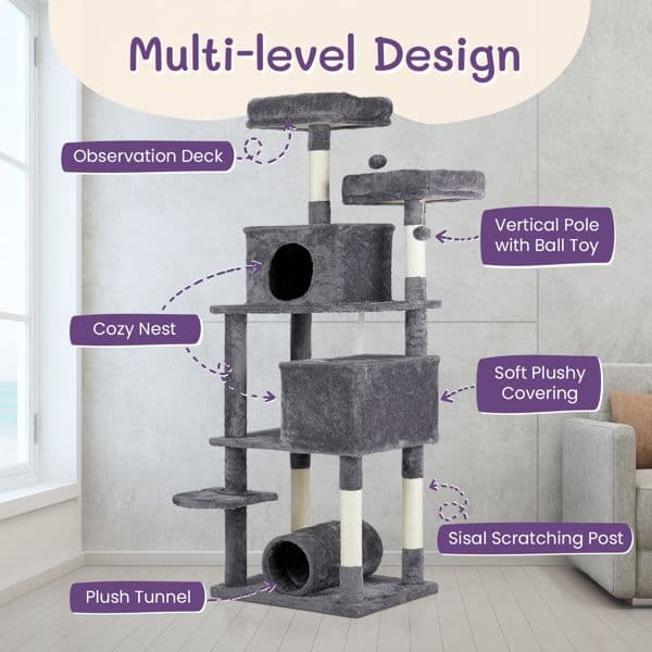 Large 65 Inch Gray Cat Climbing Structure - Multi-Layered Design for Cats with a Soft Texture and Strong Material