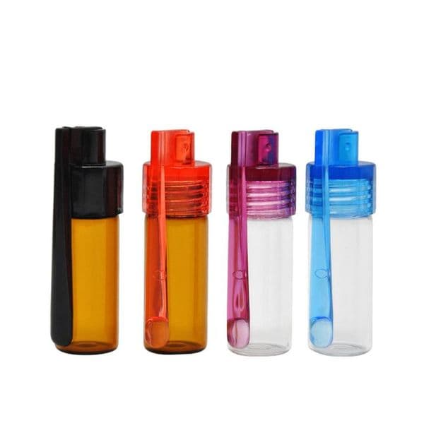 Wholesale Colorful 36mm 51mm Travel Size Acrylic Plastic Bottle Snuff Snorter Dispenser Glass pill case Vial container with spoon ni213