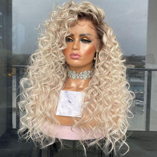 Brazilian Blonde Long Curly Human Hair Wigs for Women Fluffy Hairstyle Wave Ombre Lace Frontal Costume Carnival Party Regular Wig