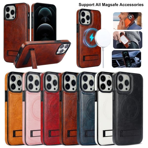 Luxury Business Premium PU Leather Magnetic For Magsafe Wireless Charging Cases Stand Holder Shockproof For iPhone 16 15 14 13 12 Pro Max Samsung S24 Ultra S23 S22 Plus